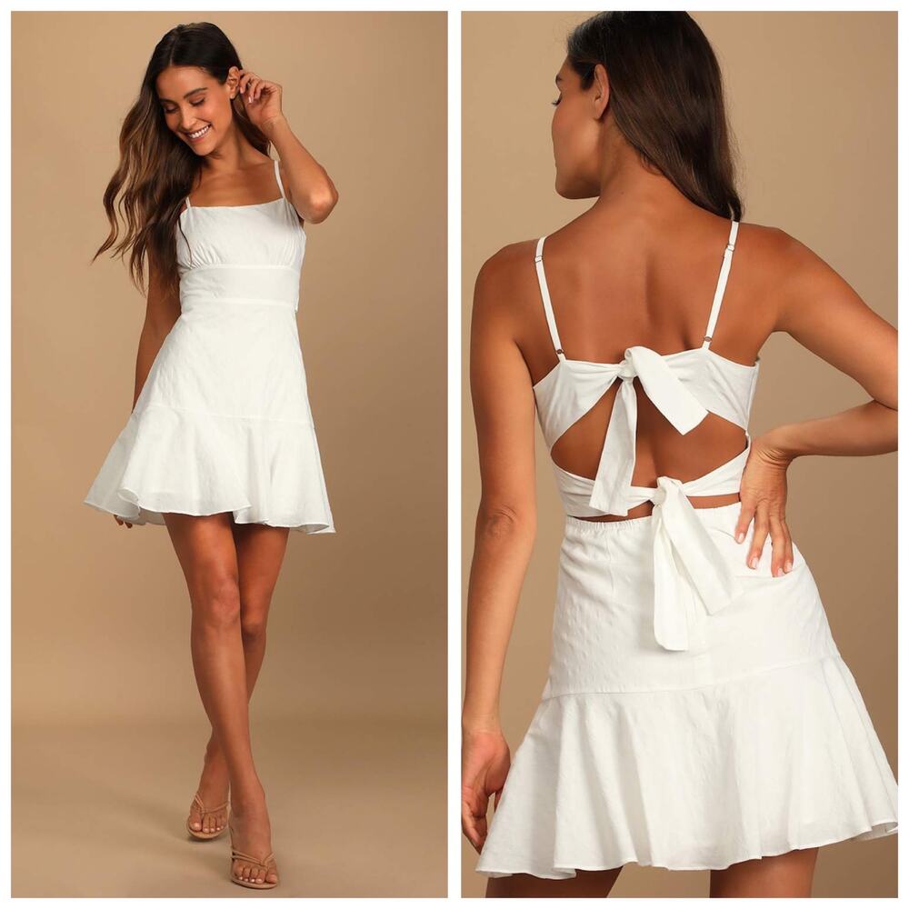 Lulus Days of Dreaming White Cotton Tie Back Mini Dress Bridal Sundress - XS